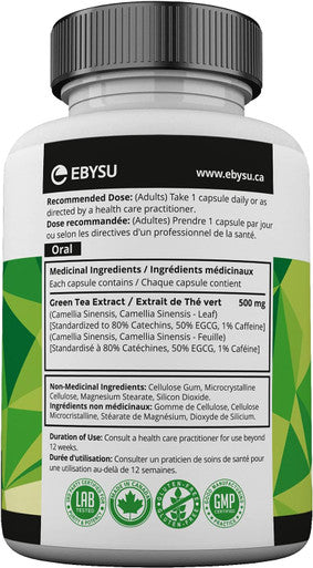 EBYSU Green Tea Extract with EGCG Antioxidant Supplement 500mg Capsules - 120 Day Supply