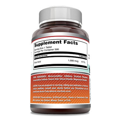 Amazing Formulas Folic Acid 1000 Mcg (1 Mg) Tablets Supplement | Vitamin B9 | Non-Gmo | Gluten Free | Made In Usa (500 Count)