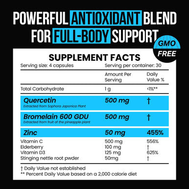 Quercetin with Bromelain 500mg Capsules, Supports Immune Response, Joint Comfort, & Overall Wellness - Vitamin C, Zinc 50mg, & Vitamin D3 5000 IU - Immunity Health Pills
