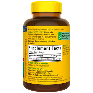 Nature Made Vitamin D3 1000 IU (25 mcg) 300 Softgels