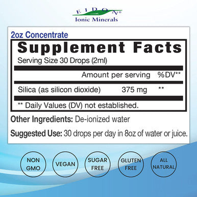 Eidon Liquid Silica Mineral Concentrate Silica Supplement for Hair Collagen Production Vegan Gluten Natural Bioavailable Ionic No Preservatives Silica Drops 2 Oz Bottle