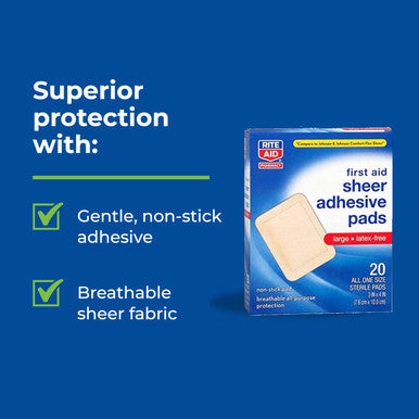 Rite Aid Sheer Adhesive Bandages with Non Stick Pad, 3" x 4" - 20 Count | Wound Care Supplies | Bandage Wrap | First Aid Supplies | Medical Tape for Skin Bandages | Bandage Wrap