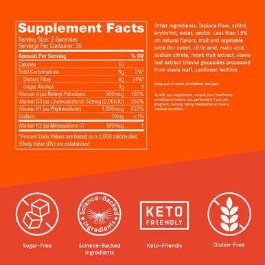 Bulletproof Sugar-Free Orange Strawberry Vitamins A+D+K Gummies, 60 Count, Keto Supplement For Heart, Bone And Immune Support, New And Improved Formula And Texture, Packaging May Vary