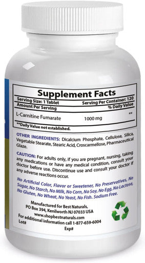 Best Naturals L-Carnitine Fumarate 1000mg per Tablet - 120 Count - Boosts Cellular Energy