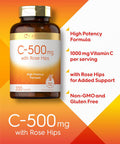 Carlyle Vitamin C with Rose HIPS 500mg | 200 Caplets | High Potency Formula | Vegetarian Non-GMO and Gluten Supplement