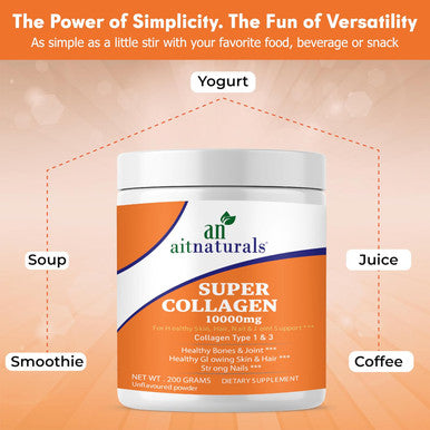 Aitnaturals Collagen Peptides Powder (Unflavoured) 200g Premium Grass-Fed Type I & III Collagen for Enhanced Skin Elasticity Stronger Hair & Nails Joint Flexibility Supports Healthy Aging Non-GMO