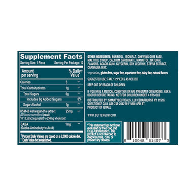 Ashwagum Relax Gum By Bettergum, High Potency Supplement With Ksm 66 Ashwagandha And Gaba, Supports Stress And Tension Relief, Alternative To Gummies, Sugar-Free, 10 Pieces - 6 Pack