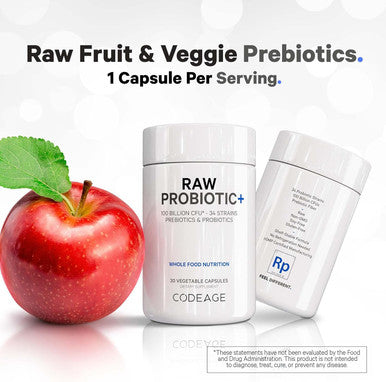 Codeage Raw Probiotic+ Supplement - 34 Probiotic Strains 100 Billion CFUs Raw Whole Food Probiotics Digestive Enzymes Raw Fruits & Veggies Prebiotics - Wild Kefir Culture - Non-GMO - 30 Capsules