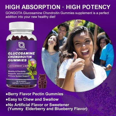 Glucosamine Chondroitin Gummies, Extra Strength 1500Mg Glucosamine With Msm & Elderberry, Joint Support Supplement, Best Cartilage & Immune Support Supplement For Men And Women - 60Count (1 Pack)