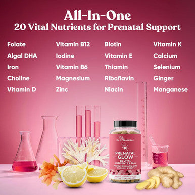 Eu Natural Glow Prenatal Vitamins For Women 20-In-1 Vital Nutrients For Healthy Pregnancy And Fetal Development Folic Acid & Vegan Dha For Baby'S Growth & A Comfortable Pregnancy 120 Nourishing Capsules