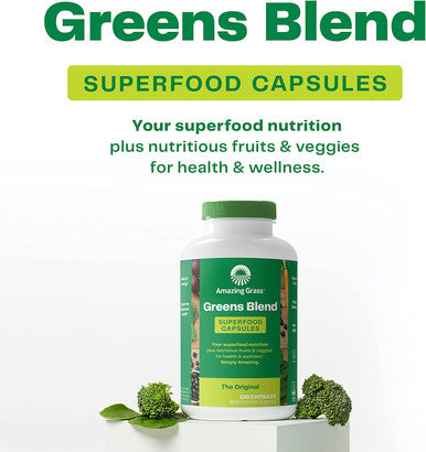 Amazing Grass Greens Blend Superfood Capsules: Super Greens with Spirulina, Chlorella, Beet Root Powder, Digestive Enzymes & Probiotics, 150 Capsules (Packaging May Vary)