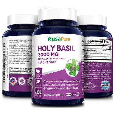 NusaPure Holy Basil 3,000 mg with Bioperine - 200Vcaps. Non-GMO, Vegan, Gluten-Free