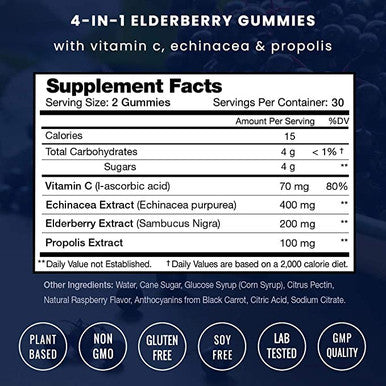 Elderberry Gummies with Vitamin C, Propolis & Echinacea - Immune System Support Gummy Vitamins for Adults & Kids - Max Strength 200mg Sambucus Antioxidant