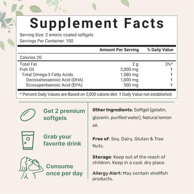 Micro Ingredients Omega 3 Fish Oil DHA Supplements 1000mg with EPA 500mg 200 Softgels Lemon Flavored Burpless (Enteric Coated) | Deep Sea Fresh Fish Wild Caught from Norwegian Waters | Mercury