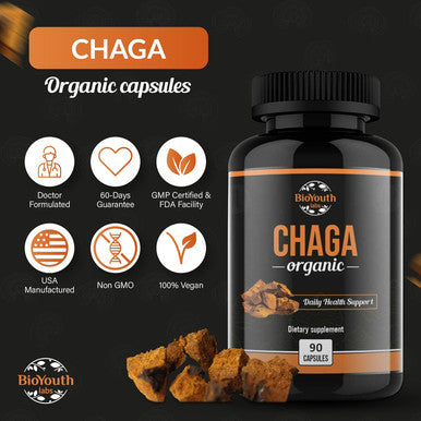 Bioyouth Chaga Capsules Organic Supplement | Supports Immune Health & Vitality | Daily Immune Support | Organic Chaga Mushroom Extract | 90 Capsules (1 Month Supply)