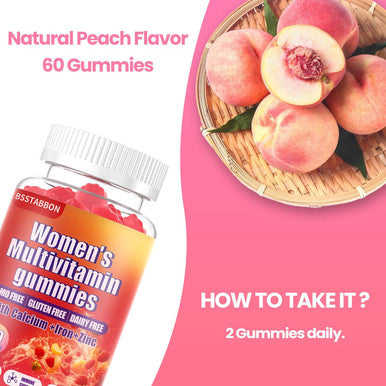 BSSTABBON Women'S Multivitamin Gummies Peach Flavor, Contains 6 Essential Vitamins (Vitamin A,B6,B12,C, D, E) And Multiple Mineral Values For Skin, Hair, Energy, Immune, Bone(60 Gummies) (60 Count)