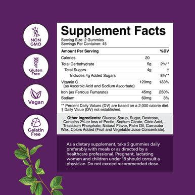 Natures Craft Extra Strength Iron Gummies for Women and Men - Potent 45mg per Serving Chewable Iron Supplement for Women and Men with Vitamin C for Higher Absorption - Vegan Daily Iron Gummy No Artificial Flavors