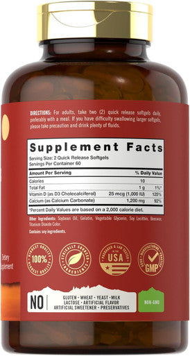 Carlyle Calcium 1200 mg with Vitamin D3 | 120 Softgels | Non-GMO and Gluten Supplement | Tahoe Nutritionals