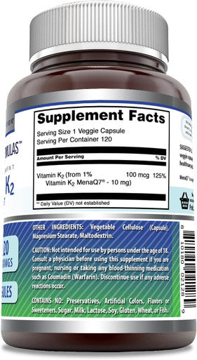 Amazing Nutrition Formulas Vitamin K2 Menaq7 MK7 Supplement | 100 Mcg | Veggie Capsules | Non-GMO | Gluten | Made in USA (1 Pack 120 Count)