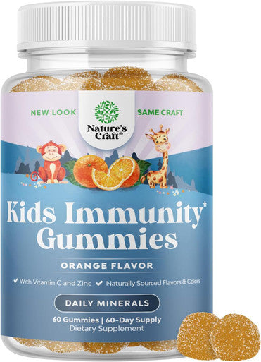 Natures Craft Kids Immunity Support Gummies - Delicious Vitamin C with Zinc and Echinacea Immune Booster Gummies for Kids - Vegan Gluten and Gelatin Chewable Gummy Vitamin Supplement for Children