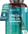 Weightworld Omega 3 Fish Oil 2000mg - 240 Capsules (4 Months Supply) - 674mg EPA & 468mg DHA - Cod Liver Oil Capsules Alternative - High Strength Omega 3 Fatty Acids Supplements for Eyes Brain & Heart (EFSA)