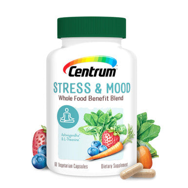 Centrum Stress and Mood, Organic Ashwagandha Root, Magnesium, Whole Food Supplement Supports Healthy Mood, 30 Day Supply (60 Capsules)