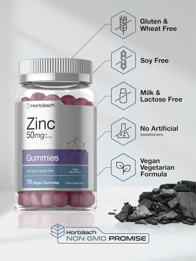 HorbAach Zinc 50Mg 70 Gummies Mixed Berry Flavor Vegan, Non-Gmo And Gluten Formula Zinc Citrate Dietary Supplement