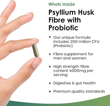 Fibre Supplement 4000Mg Psyllium Husk With Acidophilus - High Strength - Natural Soluble Fiber Supplement From Plantago Ovata Seeds, 120 Psyllium Husks Capsules Vegan, Made In Uk By Leaf