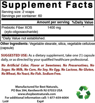 Best Naturals Prebiotics Fiber XOS (Xylo Oligosaccharide) 1400mg Serving 120 Veg Capsules