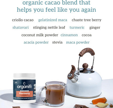 Organifi Harmony - Hormone Support - Eases Pms Symptoms - Energizes You - Regulates Menstrual Cycle - Best Served Hot - Gluten And Vegan Cacao Powder, 30 Servings
