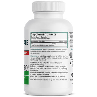 Bronson Iron Bisglycinate 25 Mg Gentle On The Stomach, Supports Energy & Healthy Red Blood Cell Production - Non-Constipating Formula - Non Gmo, 180 Vegetarian Capsules