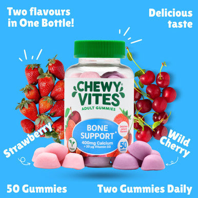 Chewy Vites Adult Bone Support 50 Vitamin Gummies 400mg Calcium Gummies with 20 mcg Vitamin D3 for Bones Teeth & Muscle Function 2-a-Day Vegan Mix of Wild Cherry and Strawberry Flavour