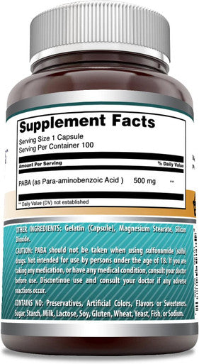 Amazing Nutrition Formulas PABA Supplement 500 Mg Per Serving 100 Capsules Non-GMO Gluten Made in USA