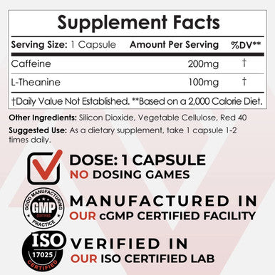 and L-Theanine Capsules | 60 Count | Contains 200mg of and 100mg of L-Theanine | Nootropic Supplement | Energy Booster | Mental Focus + Alertness | Coffee Alternative