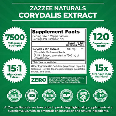 Zazzee Extra Strength Corydalis 15:1 Extract, 7500 Mg Strength, 120 Vegan Capsules, Concentrated And Standardized 15X Extract, 10