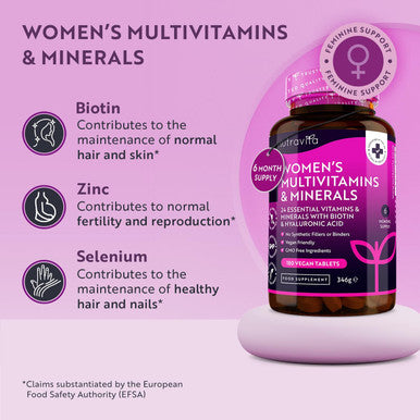 Women'S Multivitamins And Minerals - 24 Essential Active Vitamins And Minerals With Added Hyaluronic Acid - 180 Vegan Tablets - No Synthetic Fillers Or Binders - Made In The Uk By Nutravita
