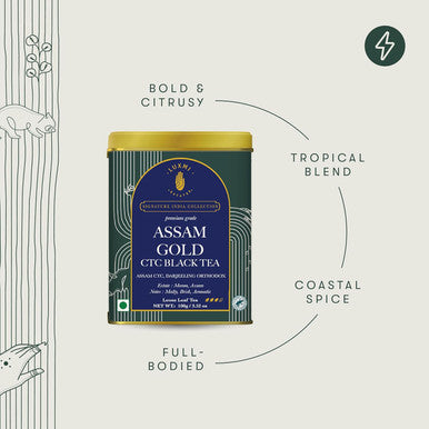 Luxmi Estates Assam Gold Chai | 100 gm | Signature India Collection | CTC Tea | Black tea collection | Organic Strong tea | Antioxidants | Assam Valley tea | Cardamom Saffron Cinnamon Natural Cardamom Extract