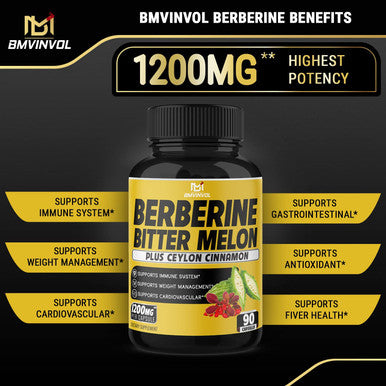 Berberine HCl Supplement 1200mg with Ceylon Cinnamon Bitter Melon Gymnema Sylvestre Extract Supports Immune System
