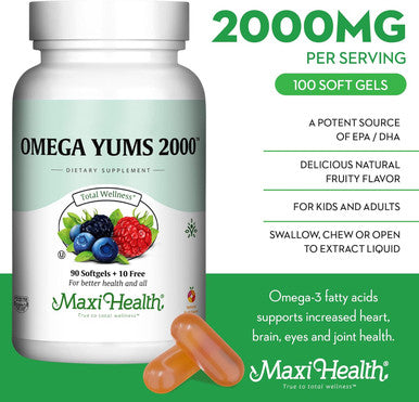 Maxi Health Fish Oil 2000mg - Omega 3 Supplement for Adults and Kids - Fruity Burst - Omega-3 Fish Oil Source of EPA/DHA Fatty Acids - Heart Brain Joint Health - Kosher - 100 Softgels