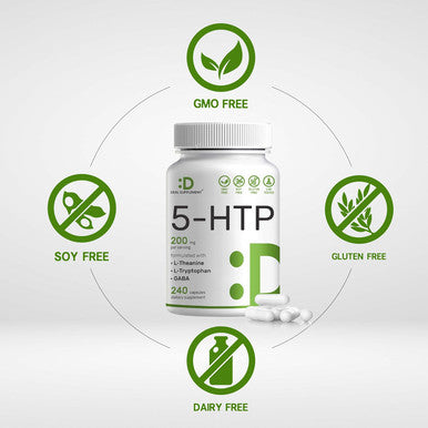 Deal Supplement 5-HTP 200mg Per Serving 240 Capsules 98% African Derived Griffonia Seed Extract | 4 in 1 Formula | Plus Active L Theanine L Tryptophan & GABA | Relaxation Support Supplement