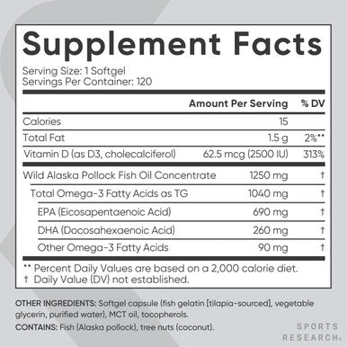 Sports Research Triple Strength 1040Mg Omega-3 From Wild Alaska Pollock With Vitamin D3 2500Iu 2-In-1 Vitamin D & Omega Dha Fish Oil Supplement Supporting Heart Health - 120 Softgels