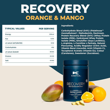 Kinetica Kinetica Recovery Powder Post Exercise Hydration MUScle Repair And Energy Store Replenisher 20 Servings Orange And Mango 1.5Kg