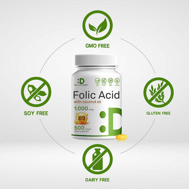 Deal Supplement Folic Acid 1000 Mcg (1 Mg), 500 Coconut Oil Softgels Bioavailable Prenatal Vitamins (Vitamin B9) ÃƒÂ¢Ã¢â€šÂ¬Ã¢â‚¬Å“ 1,667 Mcg Dfe ÃƒÂ¢Ã¢â€šÂ¬Ã¢â‚¬Å“ Easy To Swallow, Non-Gmo, & No Gluten