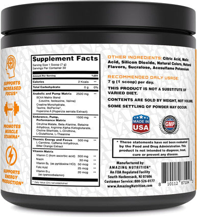 Amazing Nutrition PRE | Ultimate Pre-Workout Supplement | 30 Servings Powder | 2.5 Grams BCAA Per Serving (30 Servings Natural Orange)