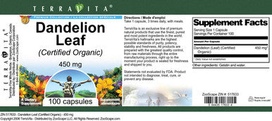 Terravita Dandelion Leaf (Certified Organic) - 450 Mg (100 Capsules, Zin: 517633) - 2 Pack