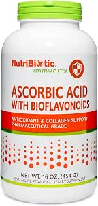 NutriBiotic Ascorbic Acid with Bioflavonoids Powder Highly Soluble Antioxidant and Collagen Support Supplement 2000 Mg Vitamin C with Lemon Bioflavonoid Complex Vegan Gluten and GMOFree 16 Oz