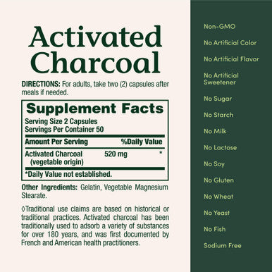 Nature's Bounty Activated Charcoal Dietary Supplement To Support A Healthy Lifestyle 260 Mg 100 Capsules
