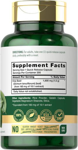 Carlyle Holy Basil Capsules 1600 mg | 200 Count | Tulsi Holy Basil Leaf Extract | Herbal Supplement | Non-GMO Gluten