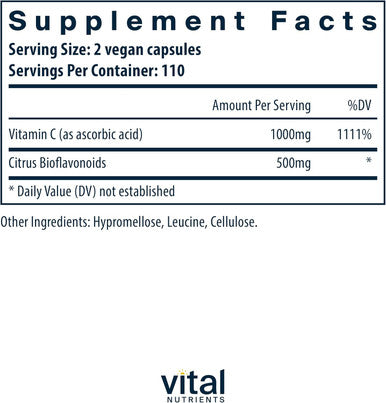 Vital Nutrients Vitamin C with Bioflavonoids | Vegan Supplement for Immune Support | 1000mg Vitamin C and 500mg Citrus Bioflavonoid | Gluten Dairy and Soy | Non-GMO | 220 Capsules