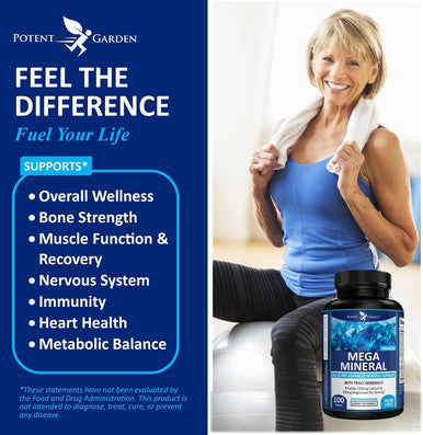 Potent Garden Mega Mineral Supplement Complete Mineral Complex With Calcium Magnesium Zinc Potassium Boron Selenium Chromium & 72 Trace Minerals Iron Calcium Supplement -100 Pills